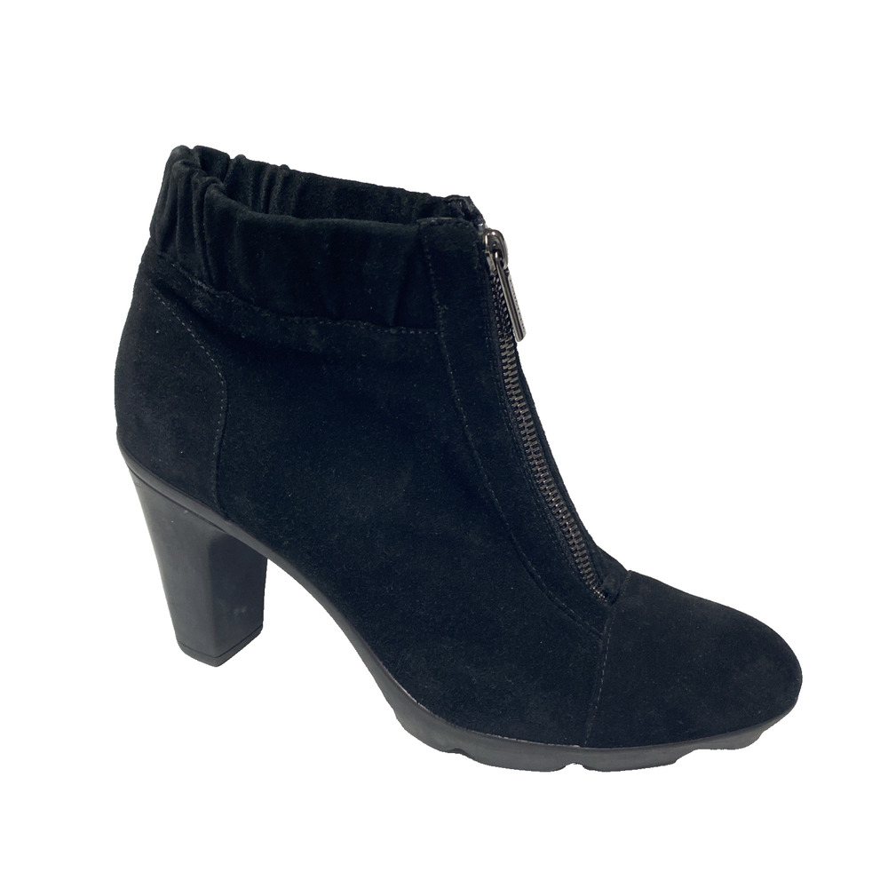 Aquatalia Gleam Black Ankle Bootie Block Heel Boot Suede Round Toe Front Zip 8